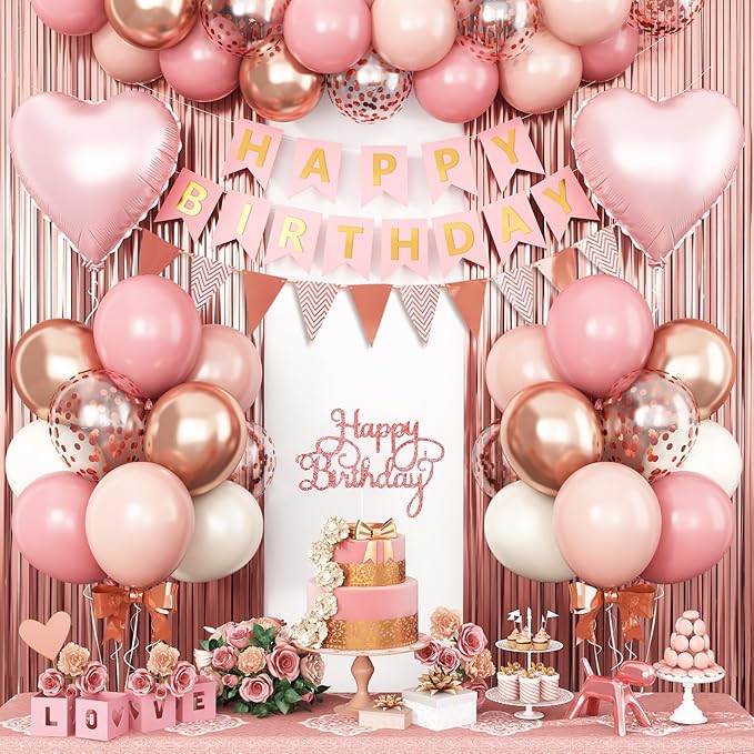 Dusty Pink Birthday Decorations,Happy Birthday Banner Pink Rose Gold Sand Boho Balloons Fringe Curtain Heart Foil Balloons for Women Girl Boys Baby Shower