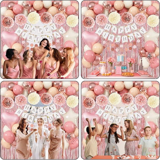 Pink Birthday Decorations for Women, Boho Dusty Pink Rose Gold Blush Beige Latex Balloons Happy Birthday Banner Foil Fringe Curtain Tissue Paper Pompom for Woman Girls Party Decoration Supplies