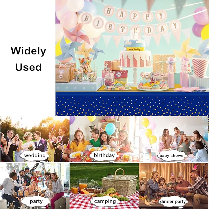 12 Pack Blue and Gold Tablecloth Party Decorations Plastic Blue Tablecloth Printed Gold Table Runner 54 x108 Inch Disposable Rectangle Table Cover for Birthday Wedding Graduation Anniversary