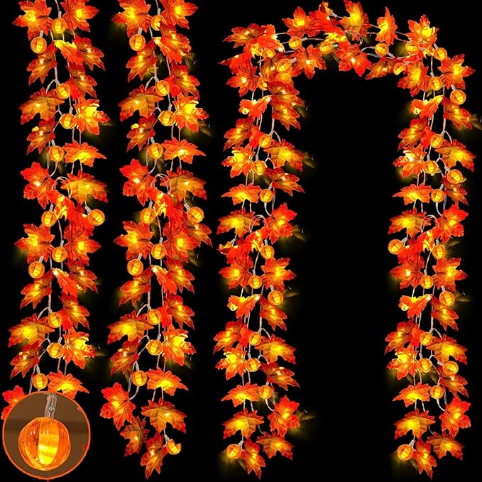 3 Pack&Timer - Fall Decor Fall Garland with Pumpkin Lights Thanksgiving Fall Decorations for Home, 30Ft 60LED 3D Pumpkin Fall Lights Patented Enlarged Maples Leaf Battery Operated Halloween Decor