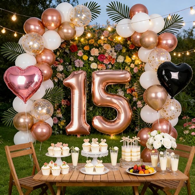 15th Birthday Decorations for Girls - Rose Gold, Black Hot Pink Quinceanera Party Supplies Set with Happy 15th Banner, Number 15 Balloons, Foil Fringe Curtains - 15 Year Old Mis Quince Celebration Kit