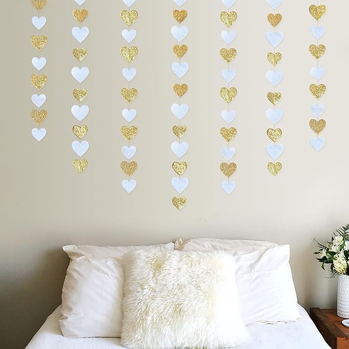 Gold and White Heart Decorations Double Sided Sequin 3D Heart Hanging Wall Art Ornament Garland for Nursery Classroom Bedroom Valentines Day Holiday Christmas Weeding Anniversary Home Wall Decor