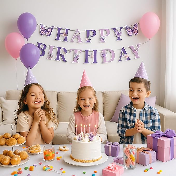 Butterfly Happy Birthday Banner, Pre-Strung Birthday Signs Banners, Birthday&Colorful Party Decorations for Girls, Boys, Women, Adults, Pets, Photo Backdrop & Wall Decor for All Celebrations