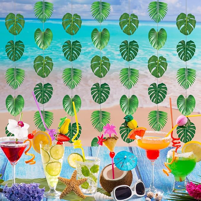 Xinnun Tropical Garland Party Decorations Palm Leaves Garland Banners Green Hawaiian Luau Leaf Hanging Decor for Summer Beach Pool Jungle Baby Shower Birthday Party Supplies
