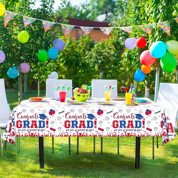 6 Pack Graduation Tablecloth Party Decorations, Class of 2026 Congrats Grad Plastic Tablecover Party Supplies, Blue and Red Rectangle Graduation Table Decor for College High School Party, 54x108Inch