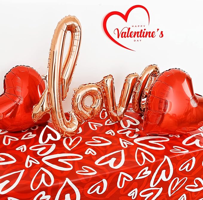 3 Pcs Valentines Tablecloth-Heart Love Valentine's Table Cover, Disposable Plastic Rectangle Heart Table Cloth for Valentine's Day, Wedding, Engagement Anniversary, Birthday Party, 54x108 inch