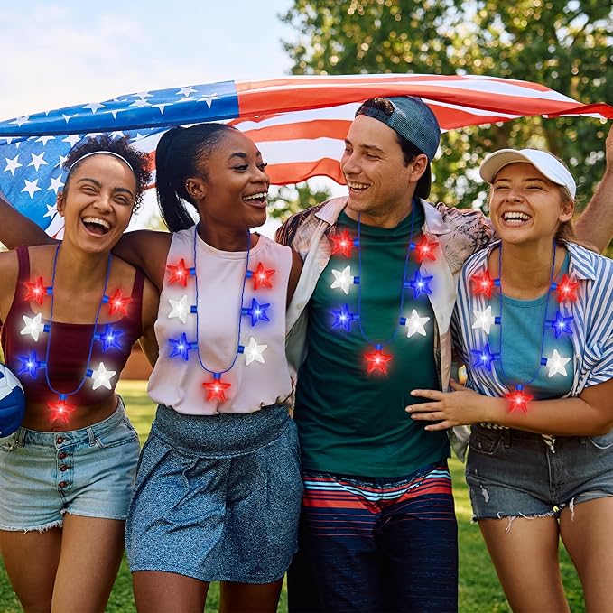 8PCS 4th of July Necklaces, Fourth of July Light up Necklace Accessories, Patriotic Red White Blue Independence Day 7 Bulb Bulk, Glow Accessories for Memorial Day Veterans Day Patriotic Party Parades