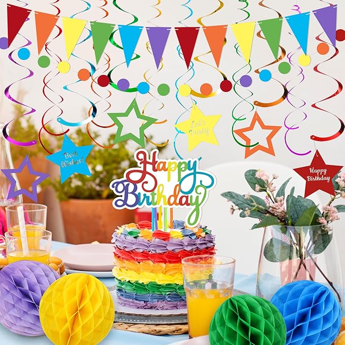 Rainbow Birthday Decorations Pre-Strung Happy Birthday Banner for Girls Women Boys Birthday Banners with Pennant Honeycomb Balls Cake Topper Stars Hanging Swirl Streamers Circle Dots Garland