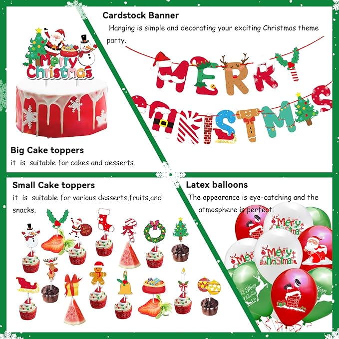 43pcs Christmas Party Decorations Merry Christmas Banner elk Ballons Snowman Santa Cake Topper for Xmas Decorations Indoor Home Decor