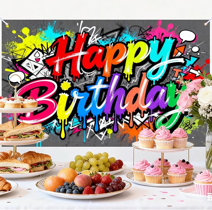 Vibrant Dripping Graffiti Happy Birthday Banner, Large Colorful Backdrop for Kid Teen Party Decor