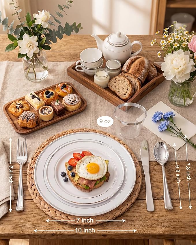 bUCLA 300PCS Silver Disposable Plastic Dinnerware Set - 50 Guests White Silver Disposable Plates Include 50 Dinner Plates,50 Dessert Plates,50 Knives,50 Forks,50 Spoons,50 Cups for Party & Christmas
