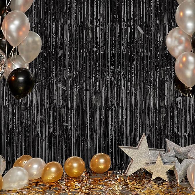 2 Pack Foil Fringe Backdrop - Black Shiny Tinsel Curtains for Party Decoration/Photo Booth Props - 3.3x6.6 FT Metallic Foil Backdrop for Birthday, Wedding, Graduation, Christmas.
