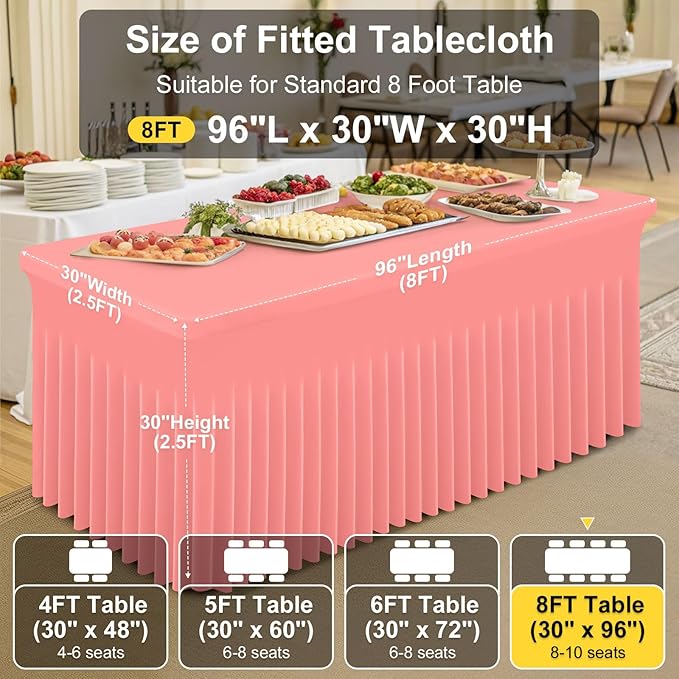 Smiry Spandex Tablecloth, Elastic Fitted Stretch Tablecloth for 8FT Rectangle Tables, Waterproof Washable Table Cover Skirt for Outdoor, Wedding, Banquet & Parties (Coral Red, 96Lx30Wx30H Inch)