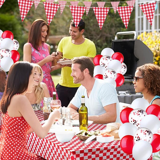 4 Packs 51 x 71 Inch Gingham Plaid Table Covers, 2 Pieces Buffalo Lumberjack Checkered Pennant Banner, 44 Pieces Latex Balloons for Picnic BBQ Birthday Party Decoration (Red White Plaid)