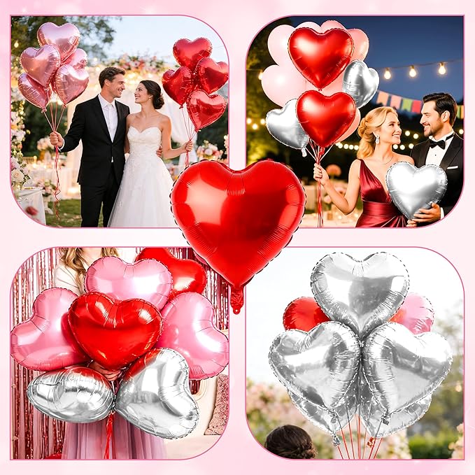 12 Pcs Pink and Red Heart Foil Balloons for Valentines Day Decorations, 18 Inch Romantic Love Valentine Heart Balloons for Galentines Day Decorations Wedding Marriage Birthday Bridal Shower Party
