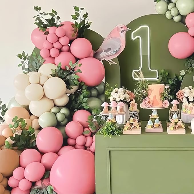 Sage Green Pink White Brown Balloons Garland Arch Kit, 160Pcs Boho Dusty Green Cherry Blossom Pink White Sand Brown Balloons for Girl Bridal Baby Shower Wedding Birthday Party Decorations