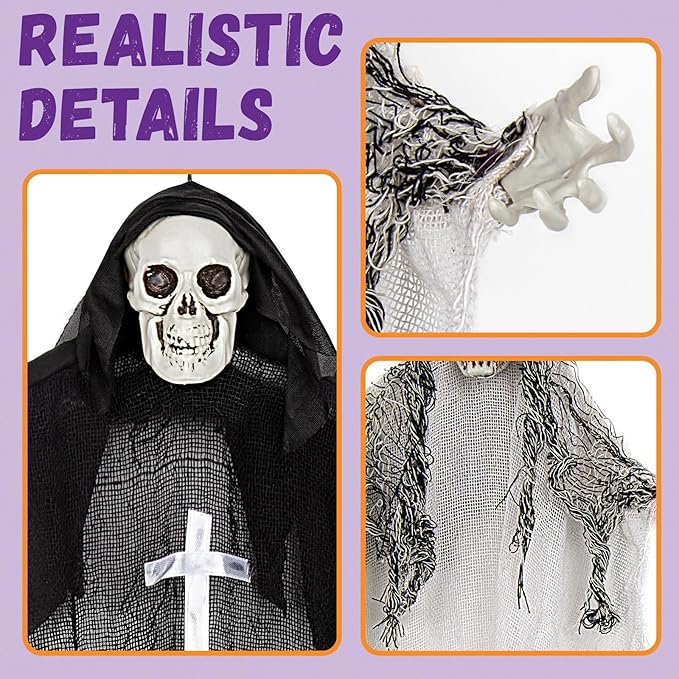 Halloween Hanging Skeleton Ghosts (3 Pack), One 36” and Two 32” Halloweens Grim Reapers, Flying Ghosts for Haunted House Prop Décor, Indoor/Outdoor Halloween Decorations