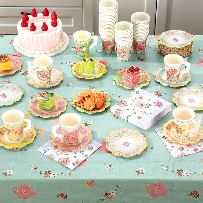 Yungyan 216 Pcs Tea Party Plates and Napkins Sets Serve 72 Guests Floral Disposable Tea Party Supplies Paper 6" Plates and Napkins and 9 oz Cups with Handle for Garden Spring Birthday Wedding