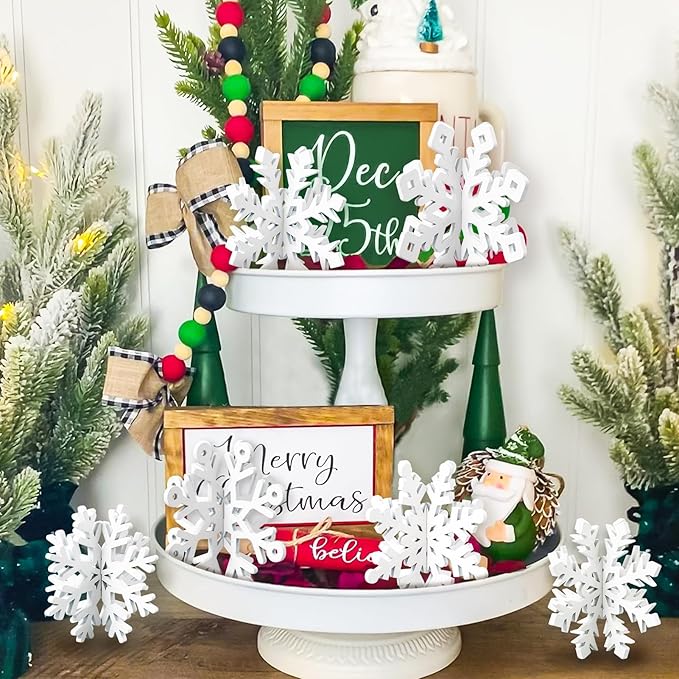 OuMuaMua 12 Set Winter Christmas Centerpiece Table Decorations - 24pcs Wooden Snowflakes Decor 3D White Snowflake Tabletop Decor for Xmas Holiday Tiered Tray Desk Winter Farmhouse Home Decor