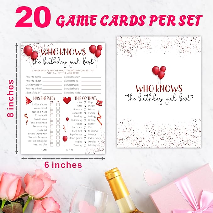 6"X8" Who Knows The Birthday Girl Best - Balloons & Confetti - Funny Double-Sided 3-in-1 Game Card Set For Girls Birthday Party, Sleepover Party Activities, Favor & Supplies (20 Pcs)- A05