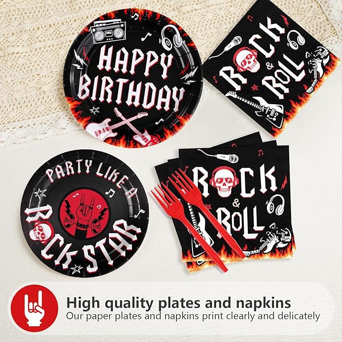96 Pcs Rock and Roll Birthday Party Decorations Guitar Music Rock Plates and Napkins Tableware Favors for Men Boys Musical Rock N Roll Birthday Party Baby Shower Party Supplies, Serves 24