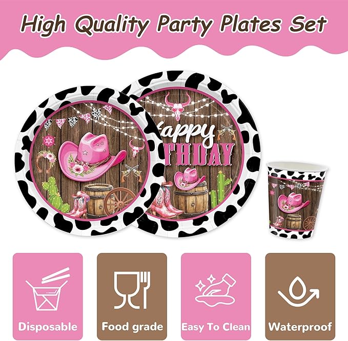 169PCS Cowgirl Plates Party Decorations Western Cowgirl Birthday Party Supplies Wild West Themed Paper Plates and Napkins Cups with Forks Knives and Straws Tableware for 24 Guests