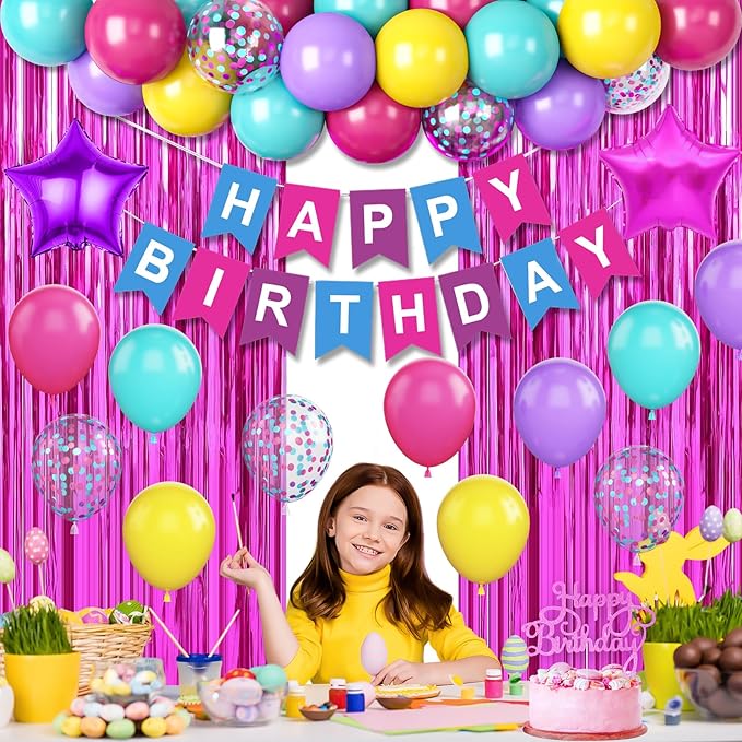 Pink Blue Purple Birthday Party Decorations for Girls Women, Hot Pink and Blue Birthday Decorations with Latex Balloons Happy Birthday Banner Cake Topper Star Foil Balloon Fringe Curtain