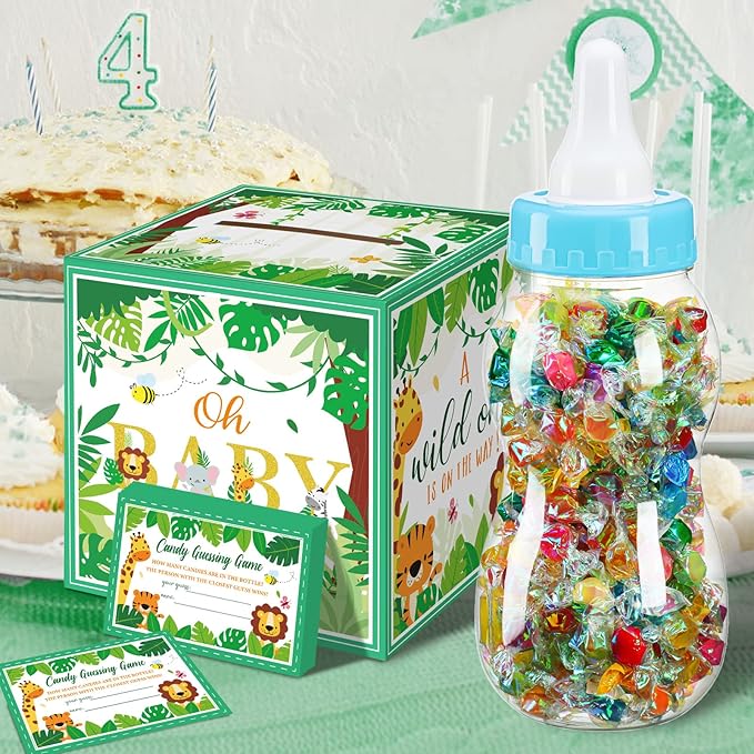 Glenmal 52 Pcs Baby Shower Games Gift Sets Large Baby Bottle for Shower Game Guess How Many Candies Decorations for Gender Reveal(Forest Animal)