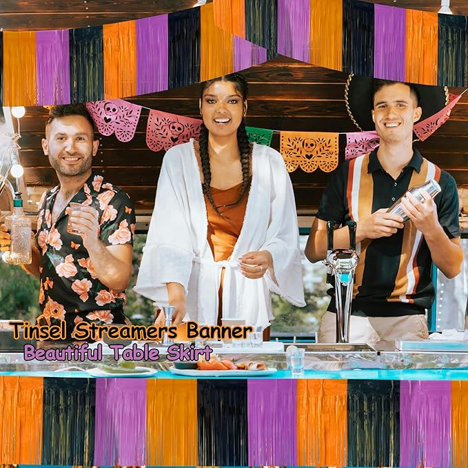 4 Packs 39 Feet Halloween Parade Floats for Trailer Car, Foil Fringe Garland Tinsel Streamers Banner Table Skirts for Halloween Dia De Los Muertos Homecoming BBirthday (Black Orange Purple)