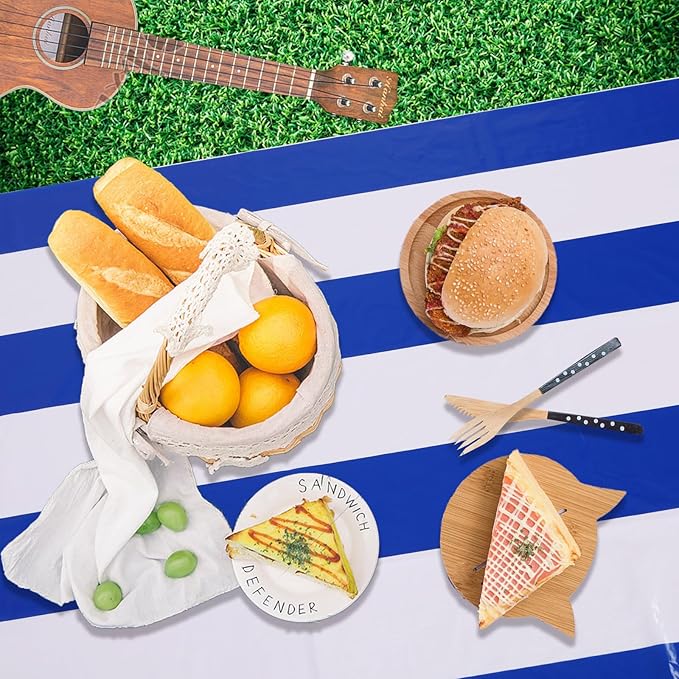 Kesfey 3 Packs Blue and White Vertical Striped Tablecloth 54 x 108 Inch Nautical Blue Stripe Plastic Table Cover Roll Waterproof Disposable Geometric Picnic Party Table Cloth for Dining Family Banquet