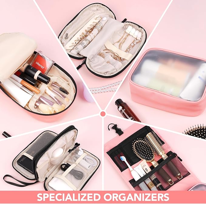 Travel Toiletry Bag Set for Women, Compact Size 5-Piece Hanging Organizer Kit with TSA Approved Cosmetic Bag, Jewelry Case & Cable Pouch, Waterproof Makeup Bag for Travel Essentials- Pink