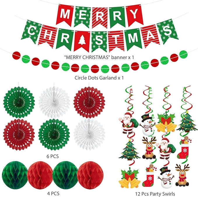 25pcs Christmas Party Decorations Merry Christmas Banner Paper Fan Garlands String Circle Dot Honeycomb Ball Swirl Streamers Snowman Santa for Xmas Decorations Indoor Home Decor