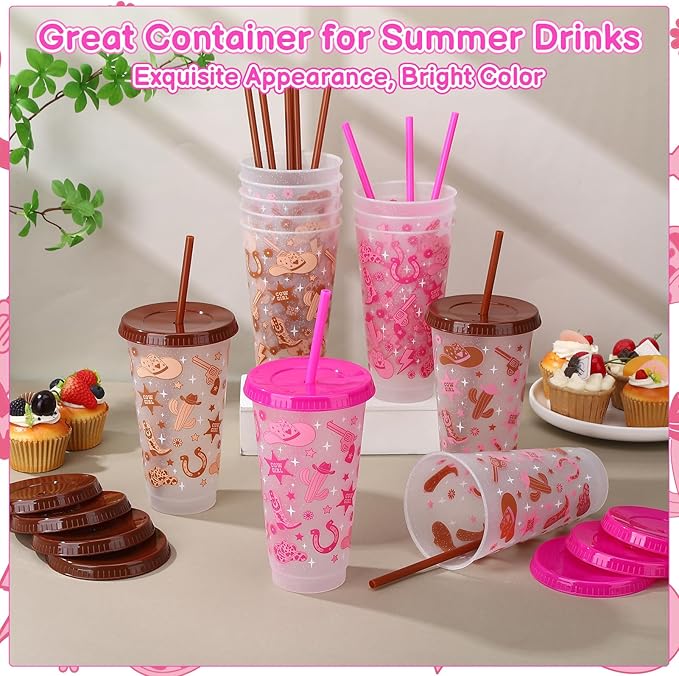 12 Pcs Western Cowgirl Cups with Lids and Straws 24 oz Cowgirl Party Favors Drinking Cups for Valentine's Day Western Party Favors Wedding Birthday Party Supplies