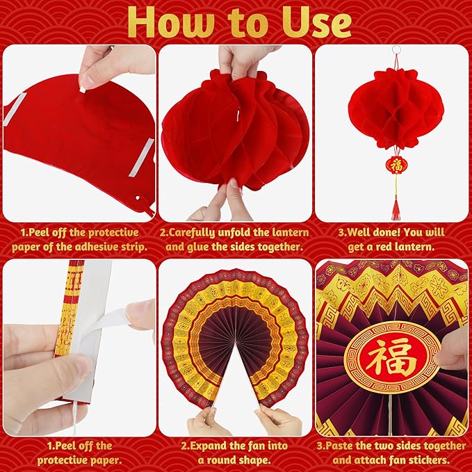 26 PCS Lunar New Year Decorations, Chinese New Year Paper Fans Set, Red and Gold Party Decorations with Paper Fans, Red Lanterns, Banner and Garland, Lunar New Year Decor for Home Office Yard