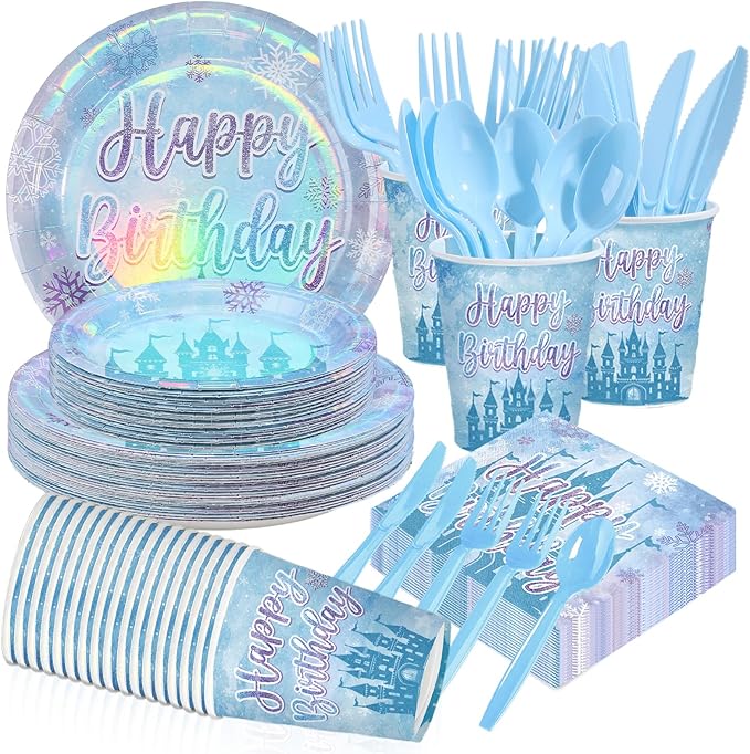 168Pcs Frozen Themed Birthday Party Supplies Winter Onderland Plates Napkins Cups Snow-Castle Tableware Set for Girls Baby Shower Snow Themed Birthday Party Supplies Serves 24