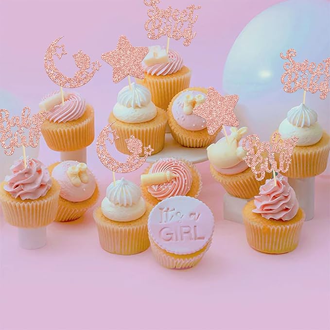 Gyufise 24Pcs Rose Gold Baby Girl Cupcake Toppers Glitter Star Moon Baby Shower Gender Reveal Cupcake Picks Baby Shower Kids Girls Birthday Party Cake Decorations Supplies