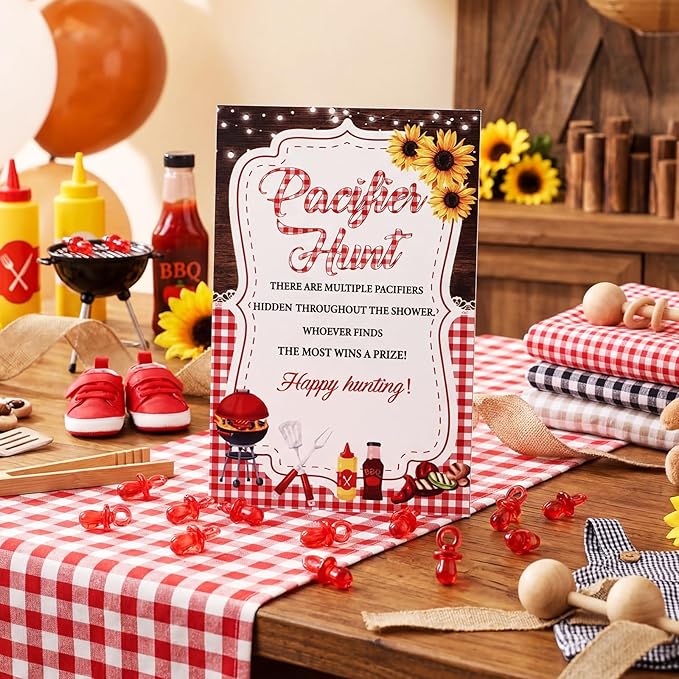 Thyle 51 Pcs BBQ Themed Baby Shower Game BBQ Pacifier Hunt Sign and 50 Acrylic Pacifiers for Baby Shower Decorations Gender Reveal Table Centerpiece Pregnancy Party Supplies