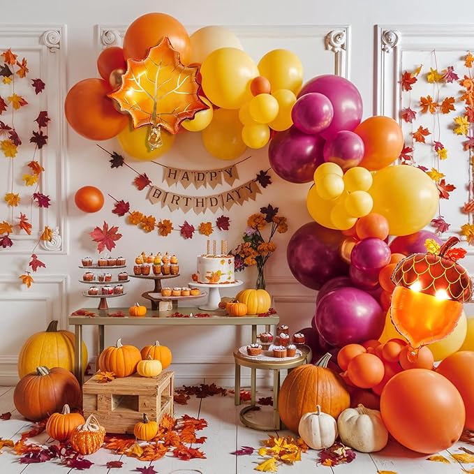 Fall Balloon Arch Kit - Burnt Orange, Burgundy, Yellow Maple Leaves Pine Cone Balloons for Autumn Decorations, Baby Shower, Thanksgiving Festival