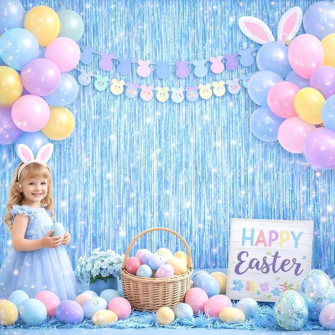 Foil Fringe Curtains Easter Decorations for Home - Melsan 3 Pack 3.2 x 8.2 ft Tinsel Curtain Party Photo Backdrop for Birthday Party Baby Shower or Graduation Decorations Light Blue