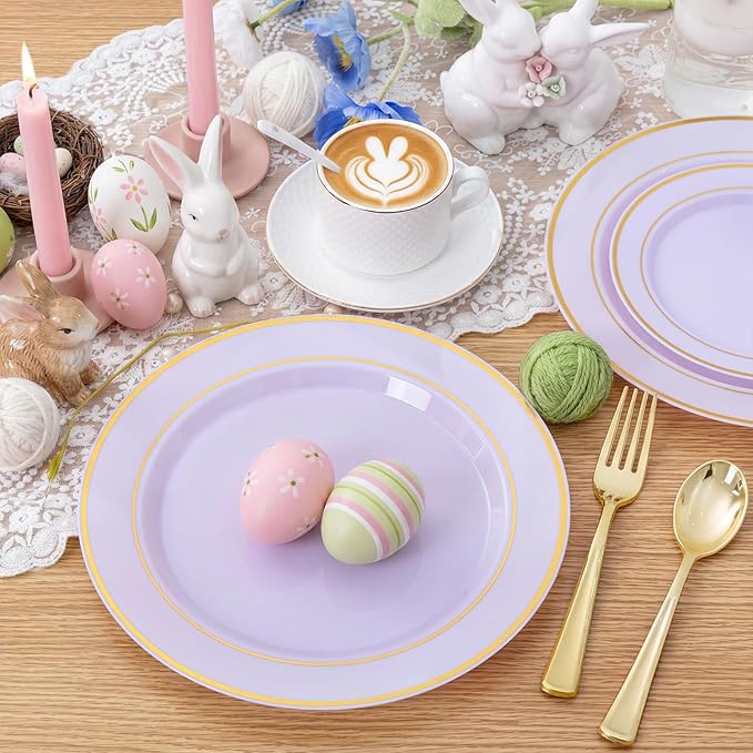 350PCS Purple Plates Disposable - Purple Plastic Plates 50Guests Lavender Disposable Dinnerware Sets with Rolled Napkins for Wedding/Birthday/Baby Shower/Easter