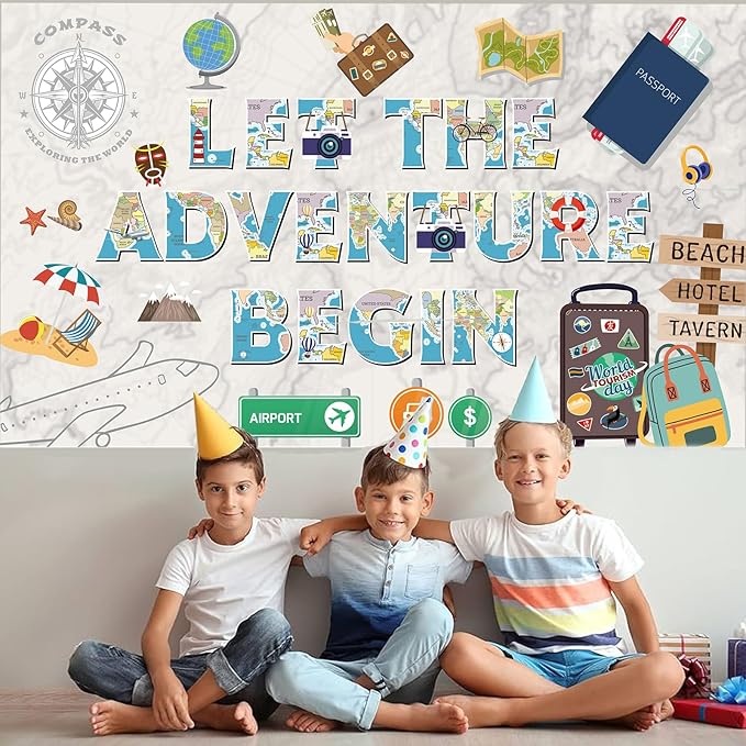 Colorful Let The Adventure Begin Backdrop Banner Photography Background for Retirement Farewell Going Away Leaving Goodbye Graduation Global Travel Theme Party Decoration Supplies 72.8*43.3in