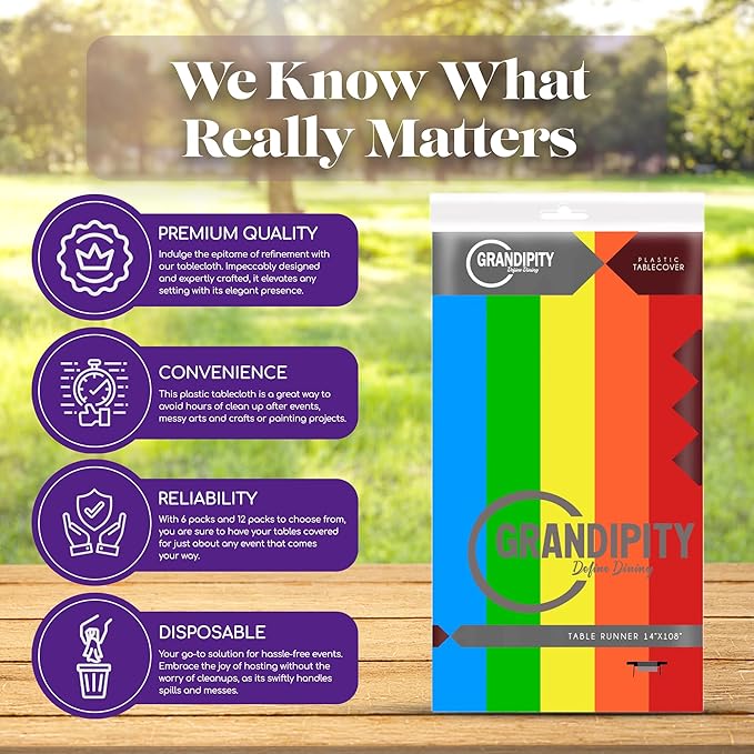 Grandipity Carnival Pride Rainbow Banner Theme 12 Pack Premium Disposable Plastic Tablecloth 54 Inch. x 108 Inch. Decorative Rectangle Table Cover
