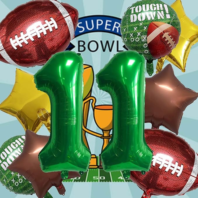 Football Balloons Foil Football Birthday Decorations Balloons Green Number 11 Balloon Gold Brown Star Touchdown Ballons for Rugby Birthday Decorations Sports Ballons Arch Kits Party Balloon Sets 10pcs