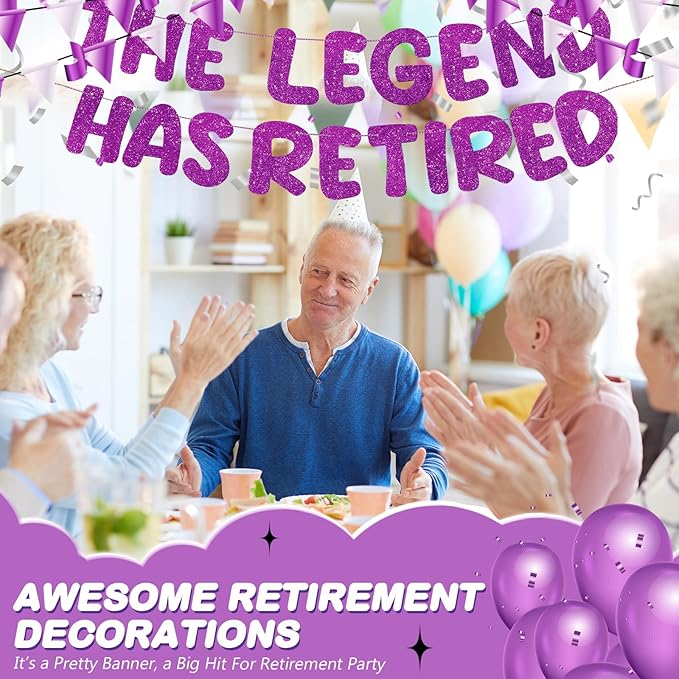 Fulmoon Pre Strung the Legend Has Retired Glitter Banner 9.8 ft Retirement Banner Retirement Party Decorations Garland Bunting for Men Women Gifts, No DIY(Purple)