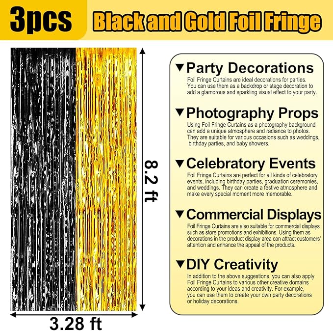 3 Pack Black Gold Foil Fringe Curtain Backdrop, 3.28Ft x 8.2Ft Metallic Tinsel Foil Fringe Streamer Curtains for Photo Booth, Mother's Day, Easter, Birthday, Wedding Party Decorations