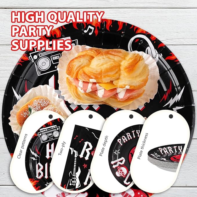 96 Pcs Rock and Roll Birthday Party Decorations Guitar Music Rock Plates and Napkins Tableware Favors for Men Boys Musical Rock N Roll Birthday Party Baby Shower Party Supplies, Serves 24