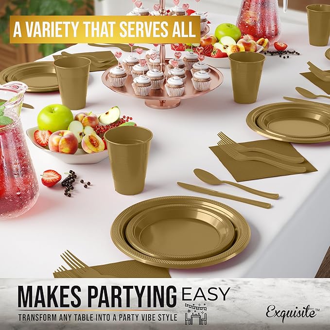 350 Pcs Gold Plastic Plates For Party, Gold Disposable Plates Set, 50 Of Each 9" Dinner Plate Set, 7" Dessert Plate, Cups, Napkins & Cutlery Plastic Dinnerware Set Exquisite