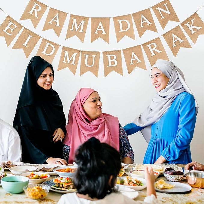 Ramadan Eid Mubarak Burlap Banner Muslim Fireplace Mantel Decoration Pre-Strung Ramadan Bunting for Wall Porch Party Indoor Outdoor Decor