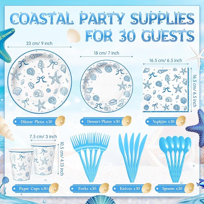 Honeydak 210 Pcs Seashell Beach Party Supplies, Serve 30 Coastal Theme Disposable Paper Plates Blue Ocean Starfish Party Decorations Napkins Forks Cups for Bachelorette Summer Birthday Baby Shower