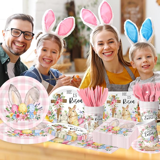 He Is Risen Easter Decoration He is Risen Bunny Eggs Cross Tableware Pink Cute Rabbit Floral Farmhouse Disposable Paper Plates Napkins Cups Forks and Knives for Spring Home Party Decor,Serve 24